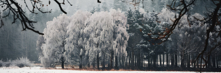 White frosted trees and dark green pines in a snowy winter forest   Winter wonderland scene  perfect for nature  season  and holiday themes   