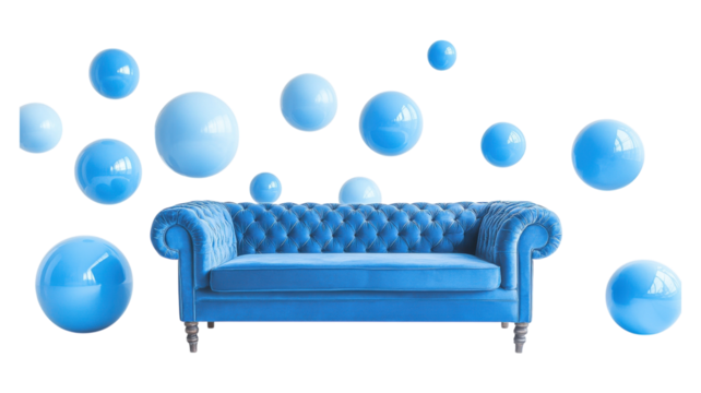 A vibrant blue tufted sofa surrounded by floating blue orbs in an airy, bright space creating a playful atmosphere.
