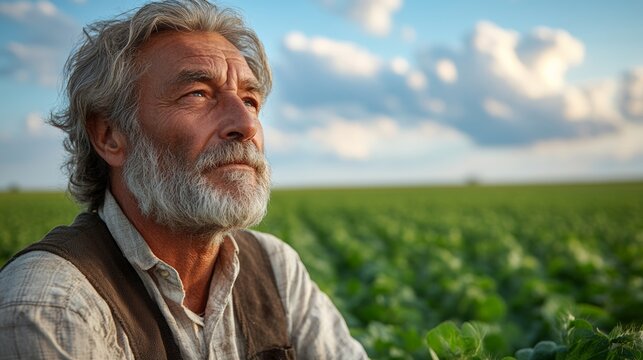 Man with a beard and gray hair is sitting in a field of green plants. weathered farmer. Lush green field of low alfafa fills the lower half of frame. Blue sky with fluffy clouds fill the top of frame