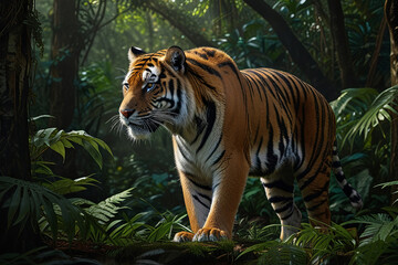 Obraz premium Majestic Bengal Tiger Prowling Through Lush Jungle Foliage