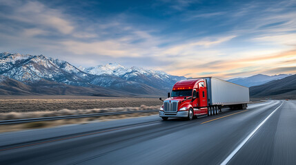 A semi truck drives along a snow-lined mountain road at dusk. American national truck driver appreciation week poster.
