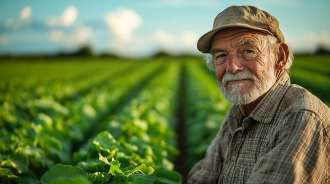 Man with a beard and gray hair is sitting in a field of green plants. weathered farmer. Lush green field of low alfafa fills the lower half of frame. Blue sky with fluffy clouds fill the top of frame