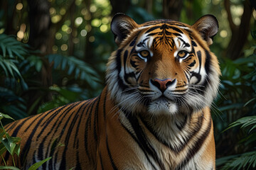 Fototapeta premium Majestic Bengal Tiger Prowling Through Lush Jungle Foliage
