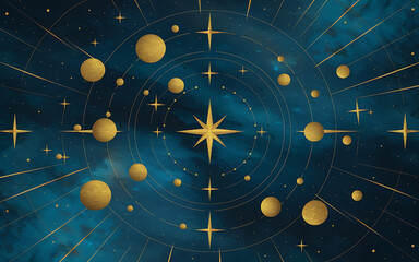 Gold planets and stars on a blue watercolor background  celestial  mystical  and magical  perfect for astrology  space  and fantasy designs   
