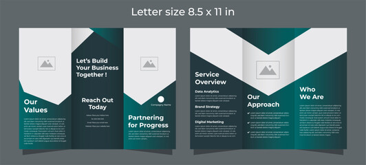 Trifold brochure for corporate in green and dark green colors