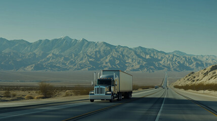 A semi truck drives along a snow-lined mountain road at dusk. American national truck driver appreciation week poster.
