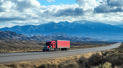 A semi truck drives along a snow-lined mountain road at dusk. American national truck driver appreciation week poster.
