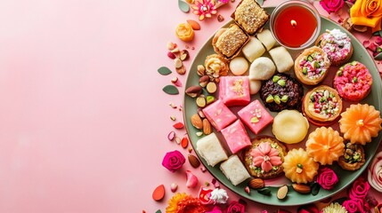 Vibrant Array of Traditional Diwali Sweets on Decorative Plate Surrounded by Colorful Rangoli and Diyas