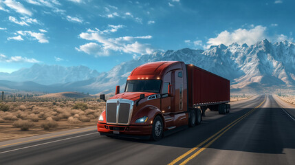 A semi truck drives along a snow-lined mountain road at dusk. American national truck driver appreciation week poster.
