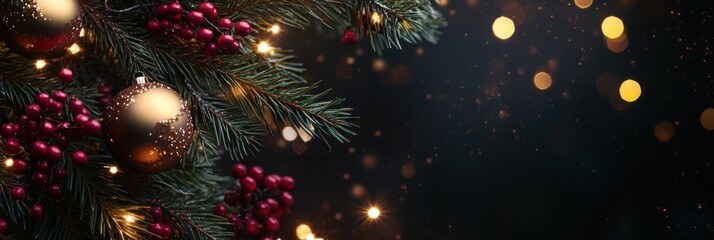 Christmas decorations with pine twigs, golden lights, and red berries framing black space for text.