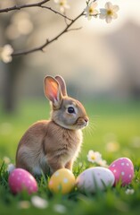 Fototapeta premium Adorable bunny with colorful easter eggs in a spring meadow