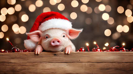 Cute pig in a santa hat on christmas background with bokeh