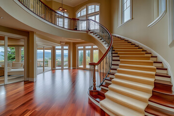 Neighbourhood Real Estate - Elegant staircase in a spacious, well-lit foyer with large windows and wooden flooring.