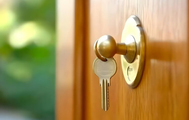Obraz premium Neighbourhood Real Estate - A close-up of a key inserted in a brass doorknob on a wooden door.