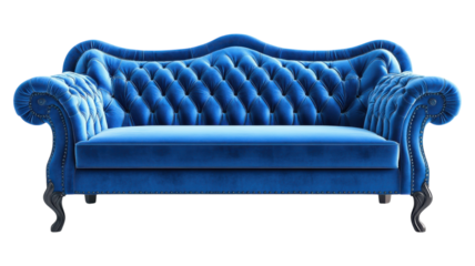 Elegant blue velvet couch with tufted design and curved armrests, perfect for living room decor and comfort in a stylish setting.