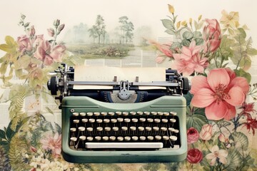 Typewriter watercolour border painting flower plant.