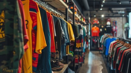 Modern clothes shop interior with apparel on hangers and shelves, colorful shirts hanging on rack in a fashion retail store