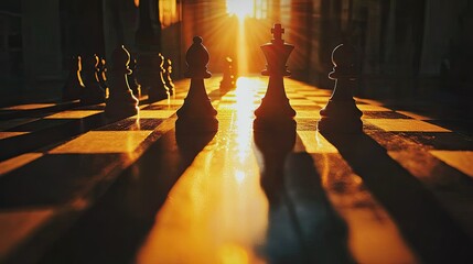 Dramatic sunlight creates silhouettes of chess pawn and king figures, casting long shadows on the chessboard.