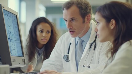 Fototapeta premium A group of medical professionals gathered around a computer in a hospital office, discussing patient data and reviewing test results, collaborating on diagnosis.