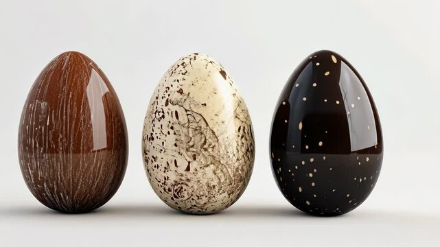 Three decorated eggs sit in a row on a white surface