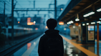 Obraz premium Silhouette of a very handsome Japanese man standing at a distance on a train platform, back turned, with distinctive posture, rain falling. Dimly lit train station with an evening sky and rain