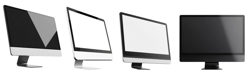 Three modern computer monitors displayed on a white isolate background, showcasing different screen...