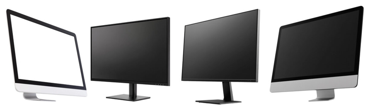A collection of modern computer monitors showcasing diverse designs and displays, isolated on a white background for clarity.