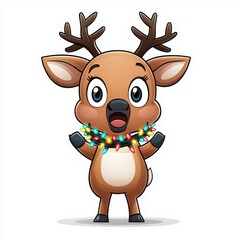 Fototapeta premium Cartoon reindeer with lights, cheerful expression, white isolated background.