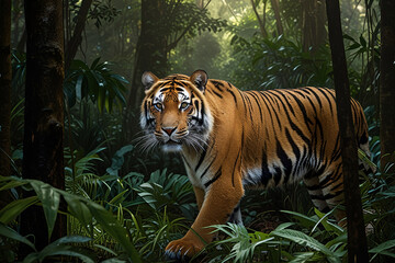 Obraz premium Majestic Bengal Tiger Prowling Through Lush Jungle Foliage