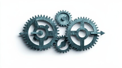 Creative CO2 reduction strategy illustration, gears turning with CO2 arrows, isolated, white background, minimal design