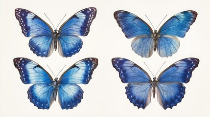 Elegant display of four blue butterflies with unique wing patterns, arranged symmetrically on a transparent background.