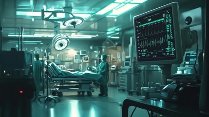 An emergency room scene with a vital signs monitor showing fluctuating readings, capturing the urgency and critical care environment of the medical team