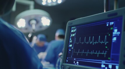 A close-up of a vital signs monitor during a surgery, displaying real-time data on heart rate and blood pressure, with the surgical team working in the background