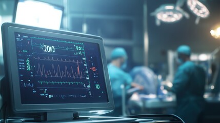 A close-up of a vital signs monitor during a surgery, displaying real-time data on heart rate and blood pressure, with the surgical team working in the background