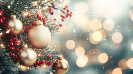 A close-up of golden Christmas baubles hanging from pine branches decorated with red berries and surrounded by soft glowing lights. A festive holiday atmosphere with bokeh and gentle snowfall