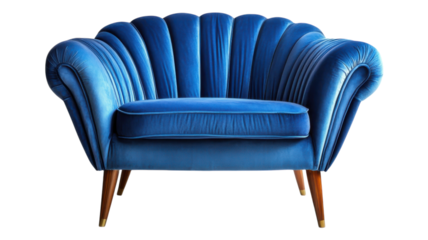 A stylish blue velvet armchair with a unique scalloped design set against a transparent background, perfect for modern home decor.
