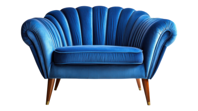 A stylish blue velvet armchair with a unique scalloped design set against a transparent background, perfect for modern home decor.