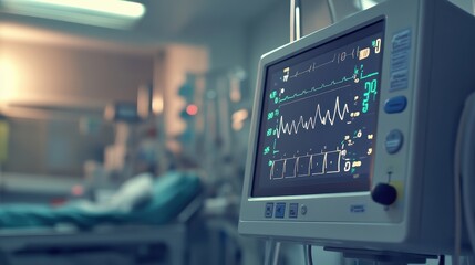 A vital signs monitor showing stable readings with a steady pulse line, set in a clean, organized hospital room, creating a sense of calm in patient care