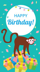 Obraz premium This vibrant birthday card features a cartoon monkey standing on colorful gift boxes with a festive background of confetti, bunting, and a cheerful 'Happy Birthday' message.