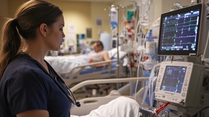 Obraz premium A nurse checking a vital signs monitor next to a patients bed, with heart rate and oxygen saturation clearly visible on the screen in a busy ICU.