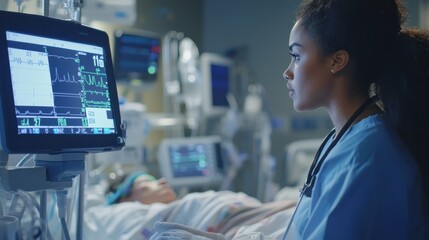 A nurse checking a vital signs monitor next to a patients bed, with heart rate and oxygen saturation clearly visible on the screen in a busy ICU.