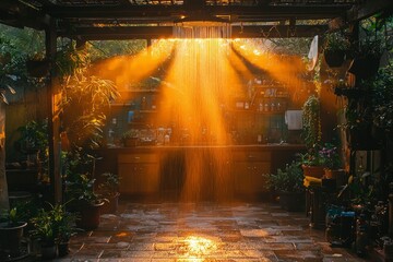 Sunlight Illuminating a Shower in a Plant-Filled Outdoor Space