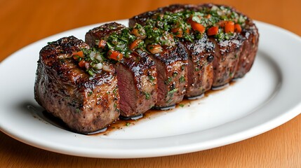 Succulent grilled steak garnished with fresh chimichurri sauce and diced tomatoes on a white plate