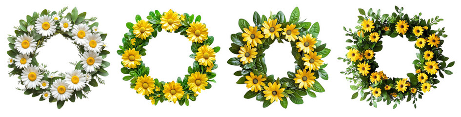 Four beautifully arranged floral wreaths featuring daisies and sunflowers, ideal for seasonal decoration and celebrations against a white background.