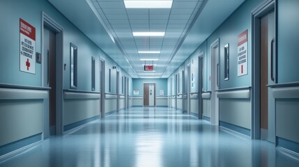 A hospital hallway leading to the ICU, with warning signs and restricted access doors, emphasizing the seriousness and critical care area of the facility