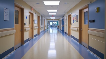 Obraz premium A hospital hallway leading to the ICU, with warning signs and restricted access doors, emphasizing the seriousness and critical care area of the facility