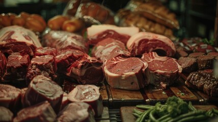 Assortment of fresh cuts of meat at a butcher shop display,carnivore diet,