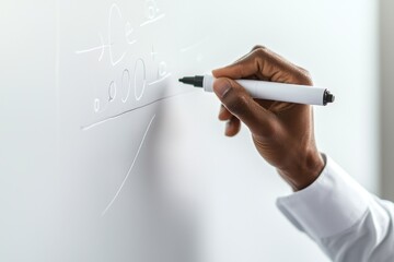 A hand holding a white marker writing on a whiteboard illustrating concepts or information in an educational setting