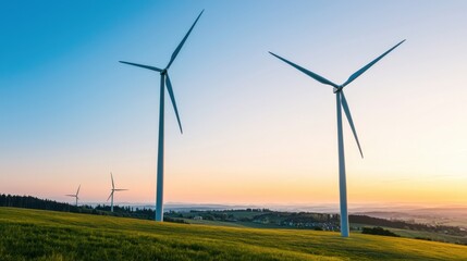 Obraz premium Peaceful Sunset Over Wind Farm Near Village