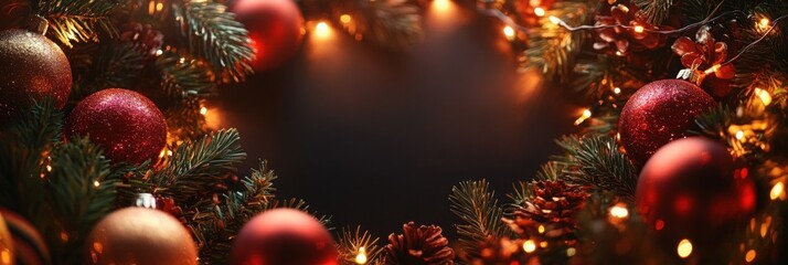 Holiday frame of pine twigs, red ornaments, and glowing lights surrounding black space for copy.